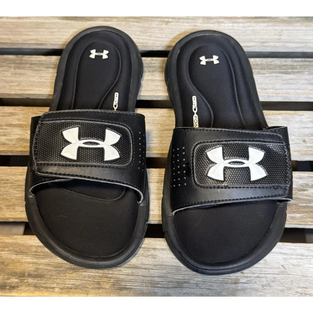 Under Armour Sandals Kids Size 3 Black 4D Foam Slide Adjustable Logo Comfort